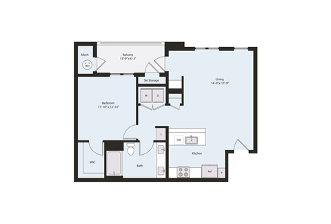 Floor plan for 1 bed, 1 bath, 852 sqft